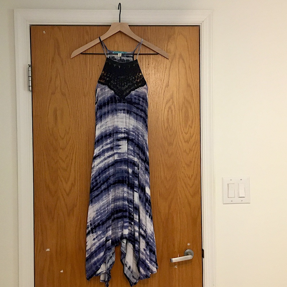 Blue Tie Dye Halter Dress with Chrochet Detailing